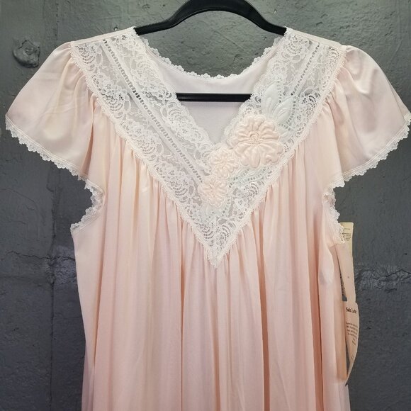 Vintage Shadowline Night Gown Sz S Maxi Peach Pink Nylon Puffy Flower USA NEW - Picture 4 of 16